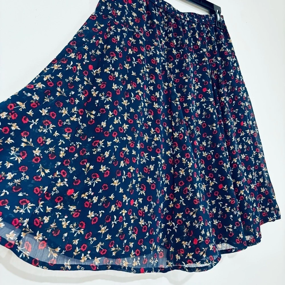 Old Navy XS Floral Navy blue red A Line Pull On chiffon flirty preppy mini skirt
